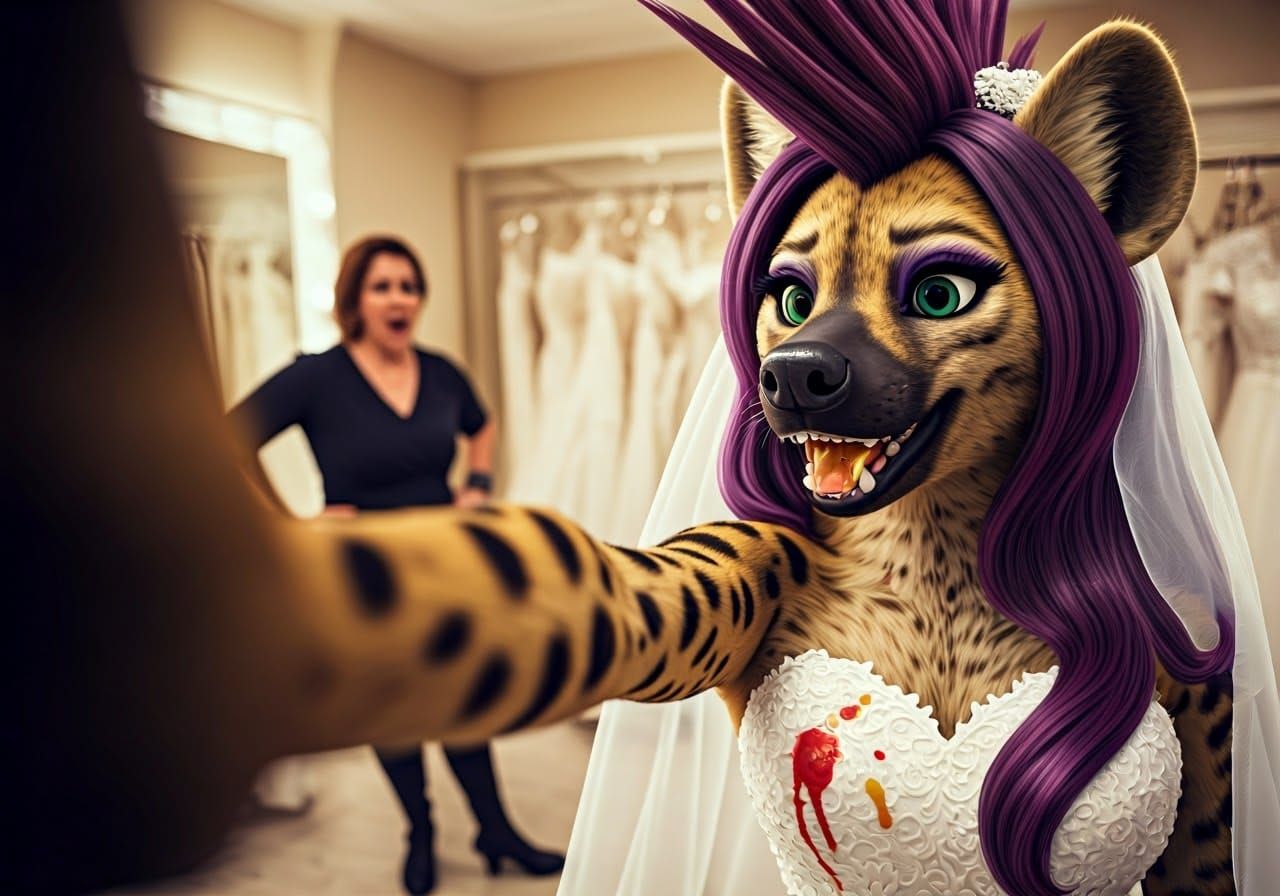 Anthropomorphic She-Hyena in Bridal Gown, Punk-Rock Style