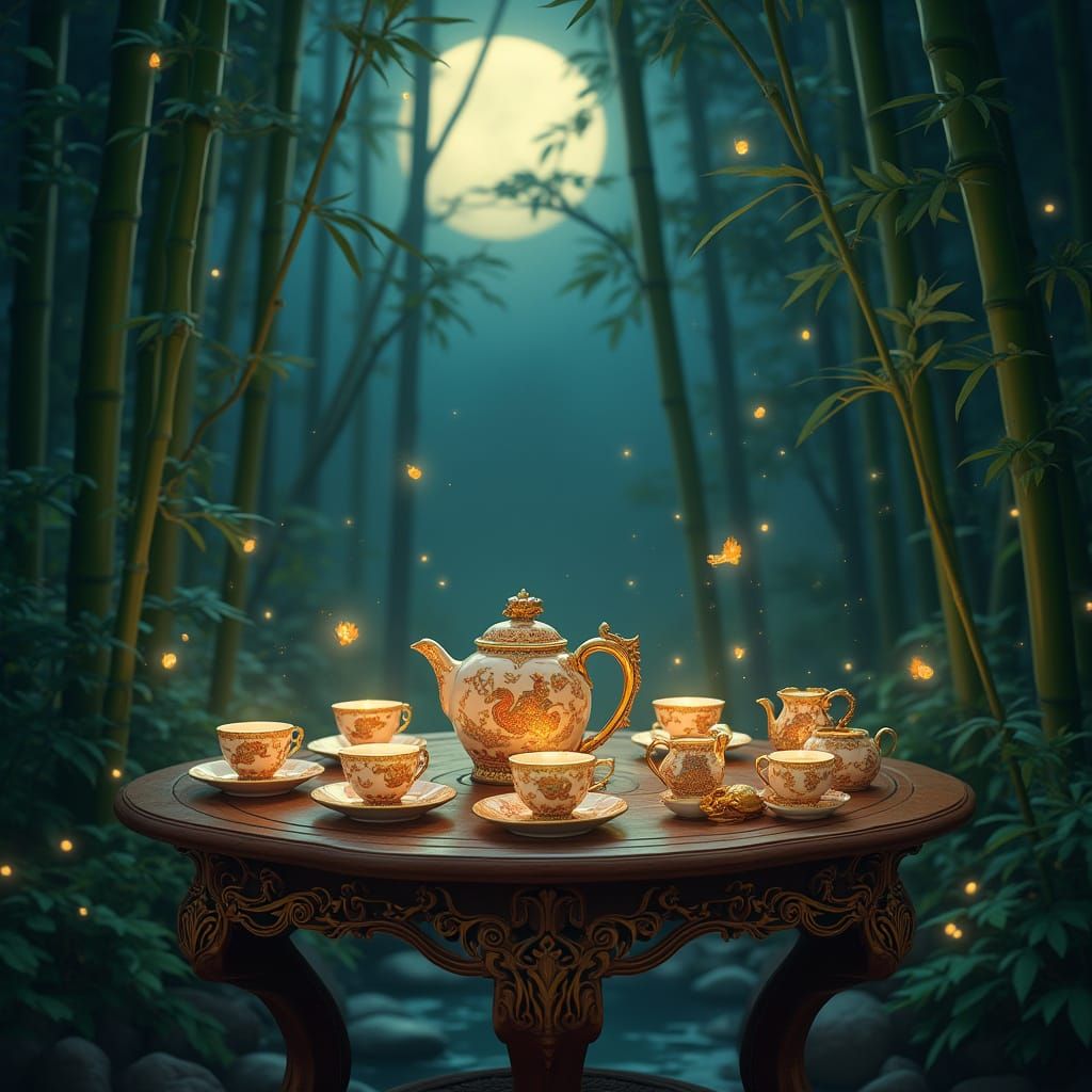 Whimsical Chinoiserie Tea Set Under Moonlit Bamboo