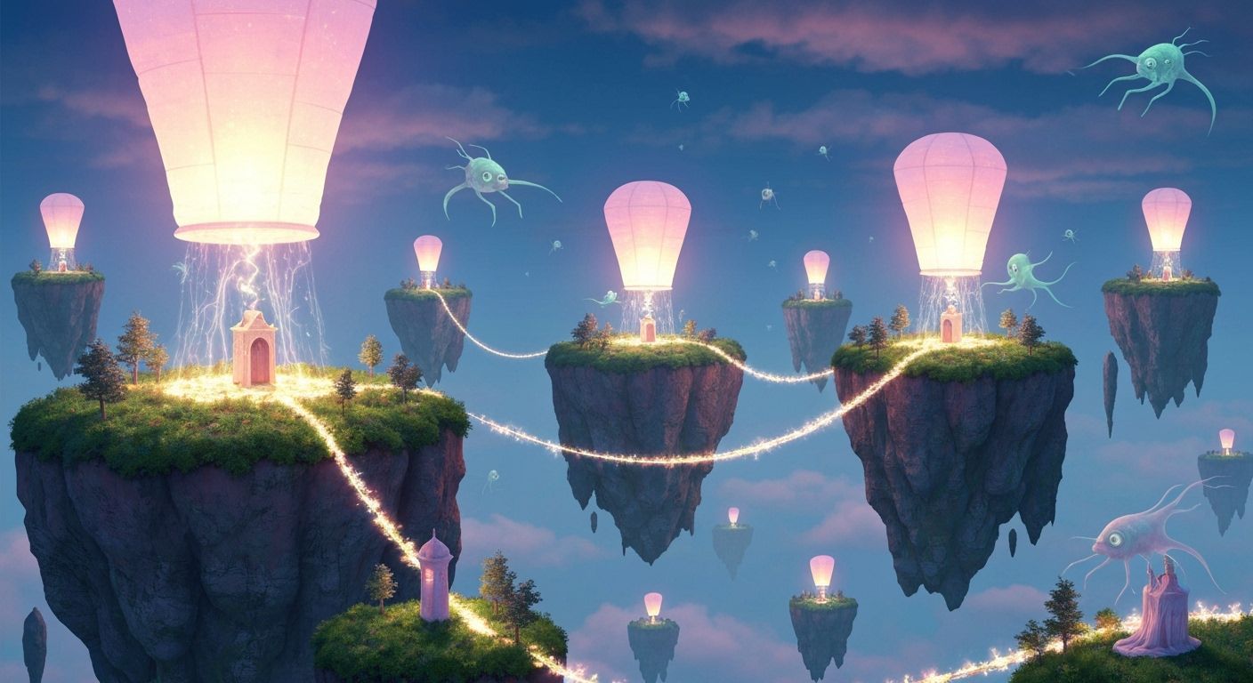 Dreamlike Floating Islands with Ethereal Lanterns