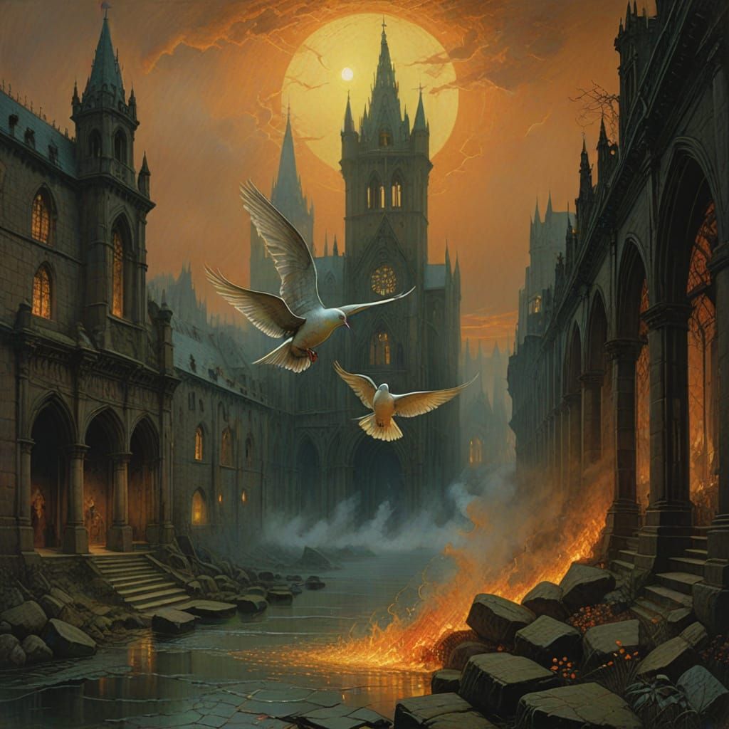 Ethereal Dove Soars Amidst Gothic Ruins