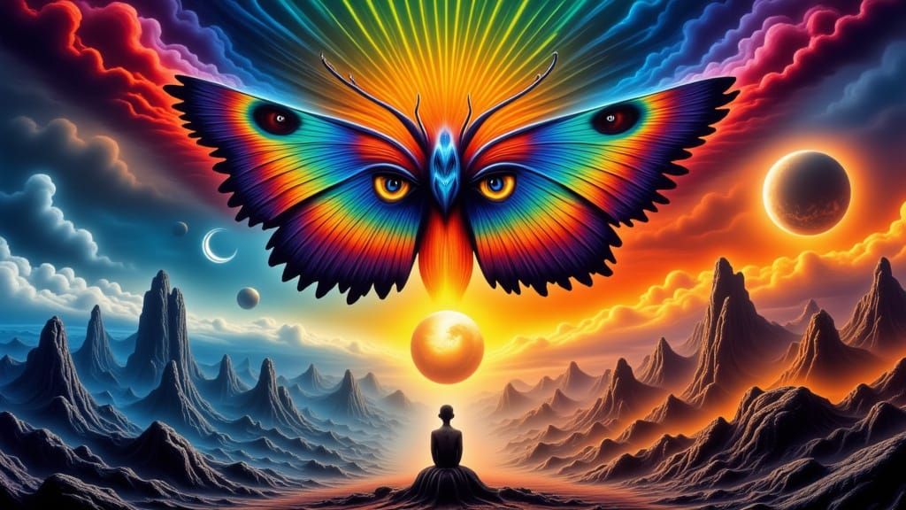 Surreal Butterfly Man in Fiery Illusionary Landscape