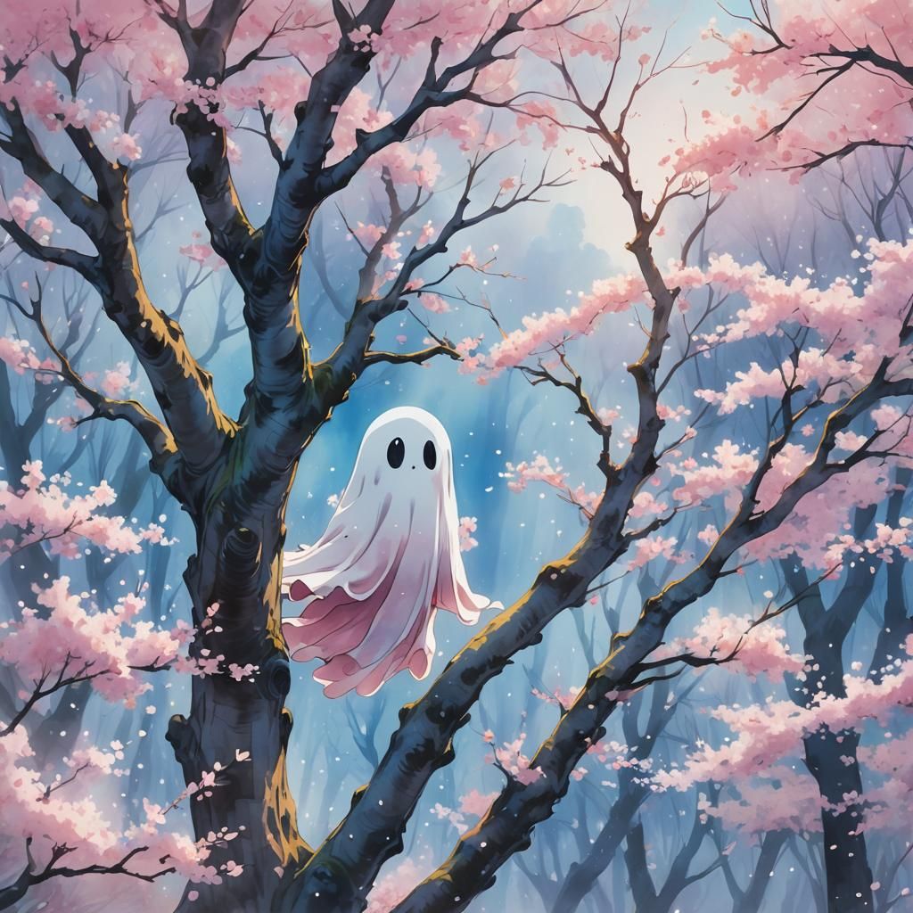 Cute Ghost in Anime Style with Cherry Blossoms