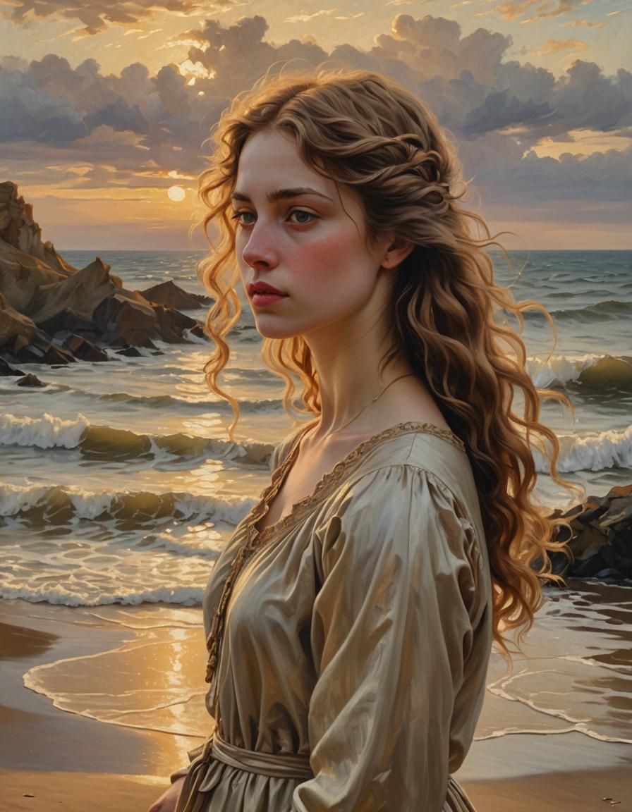 Baroque Woman on Sun-Kissed Beach in Golden Light