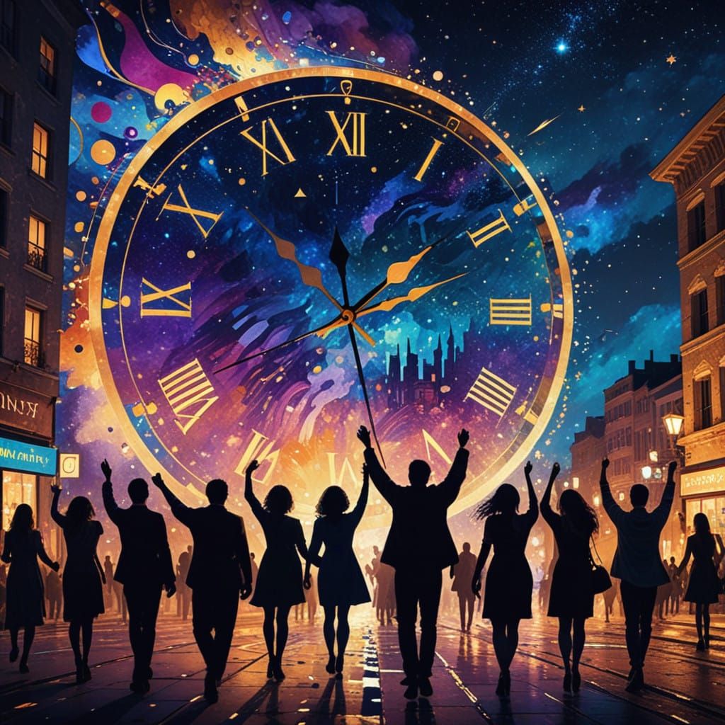 Midnight Cosmic Cityscape with Celestial Revelers