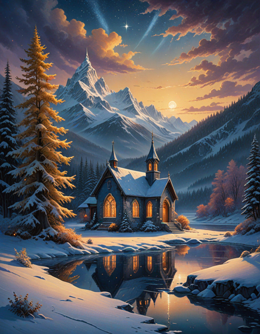 Serene Winter Valley in Golden Light, Thomas Kinkade-Inspire...