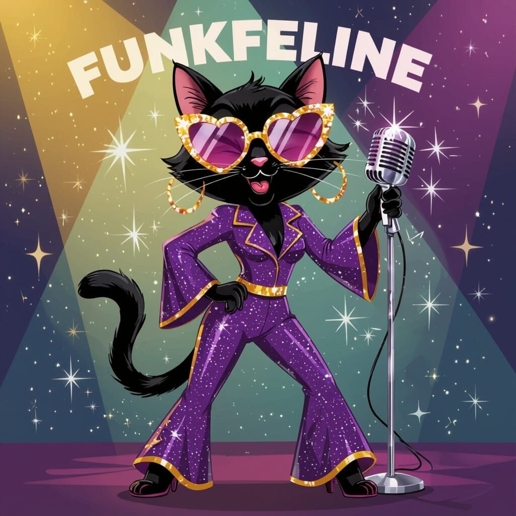 FunkFeline: Bold Cartoon Cat Diva in 70s Funk Style