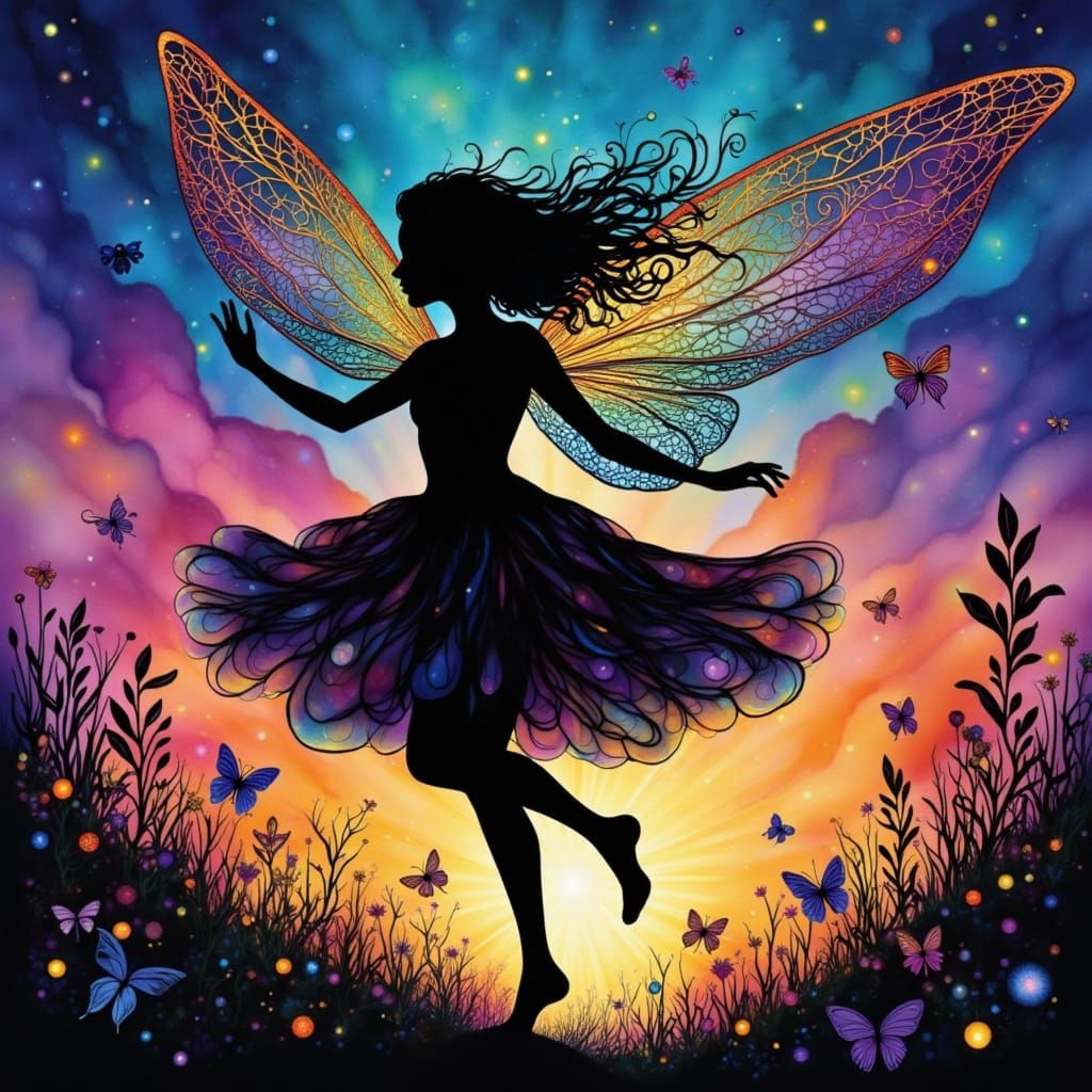 Silhouette Fairy Dancing in Magical Night Sky