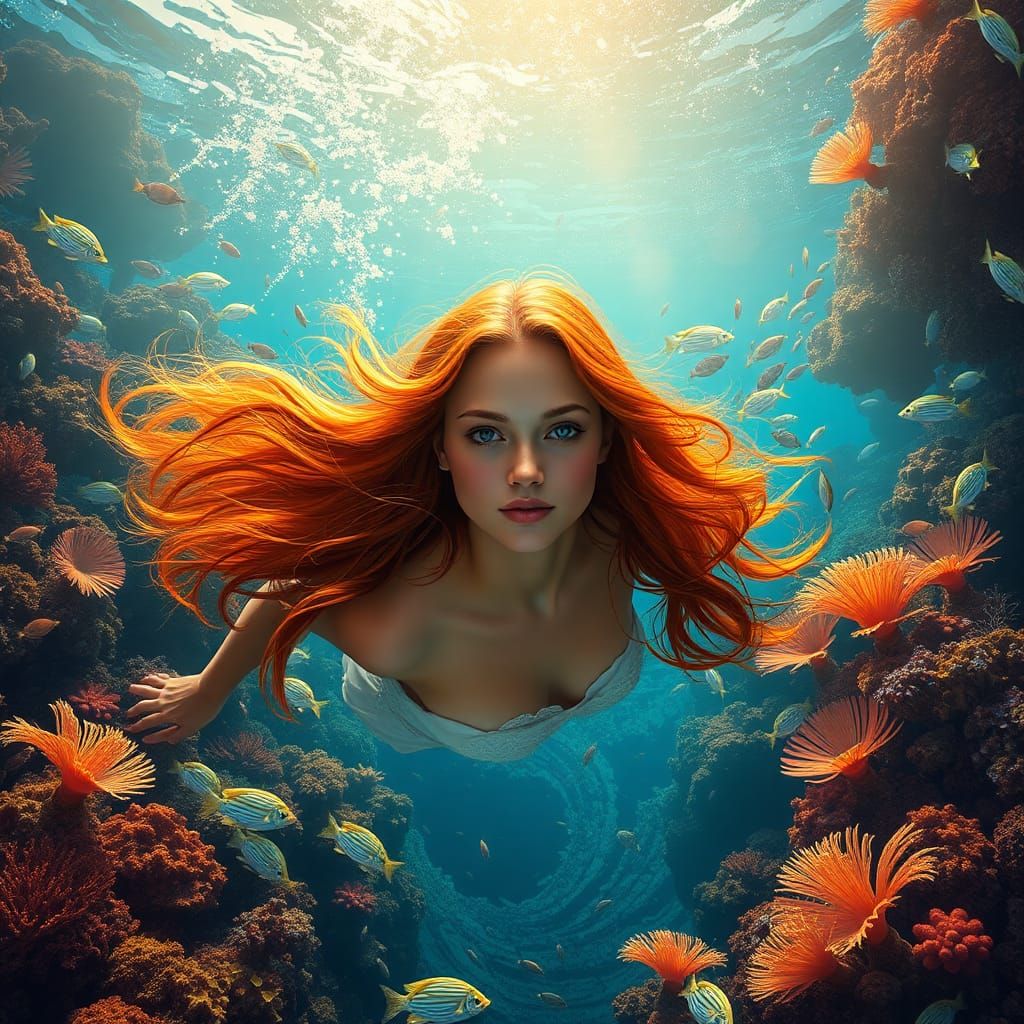 Woman Swimming in Coral Reef: Fantasy Matte Painting