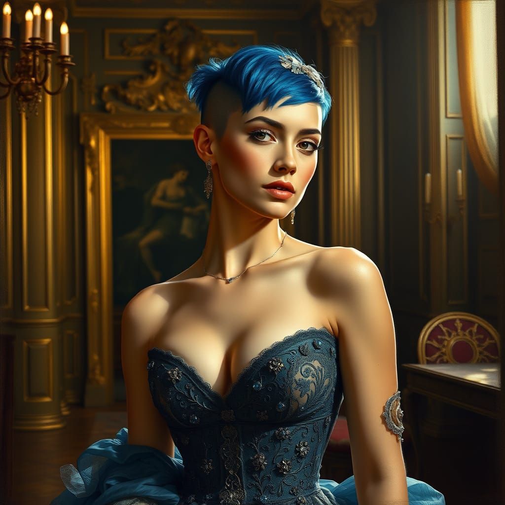 Baroque Woman with Blue Hair in Chiaroscuro Style