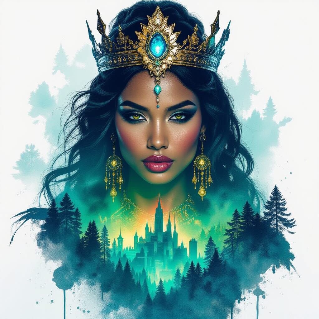 portrait of a insanely majestic Queen of Sheeba with castle,...