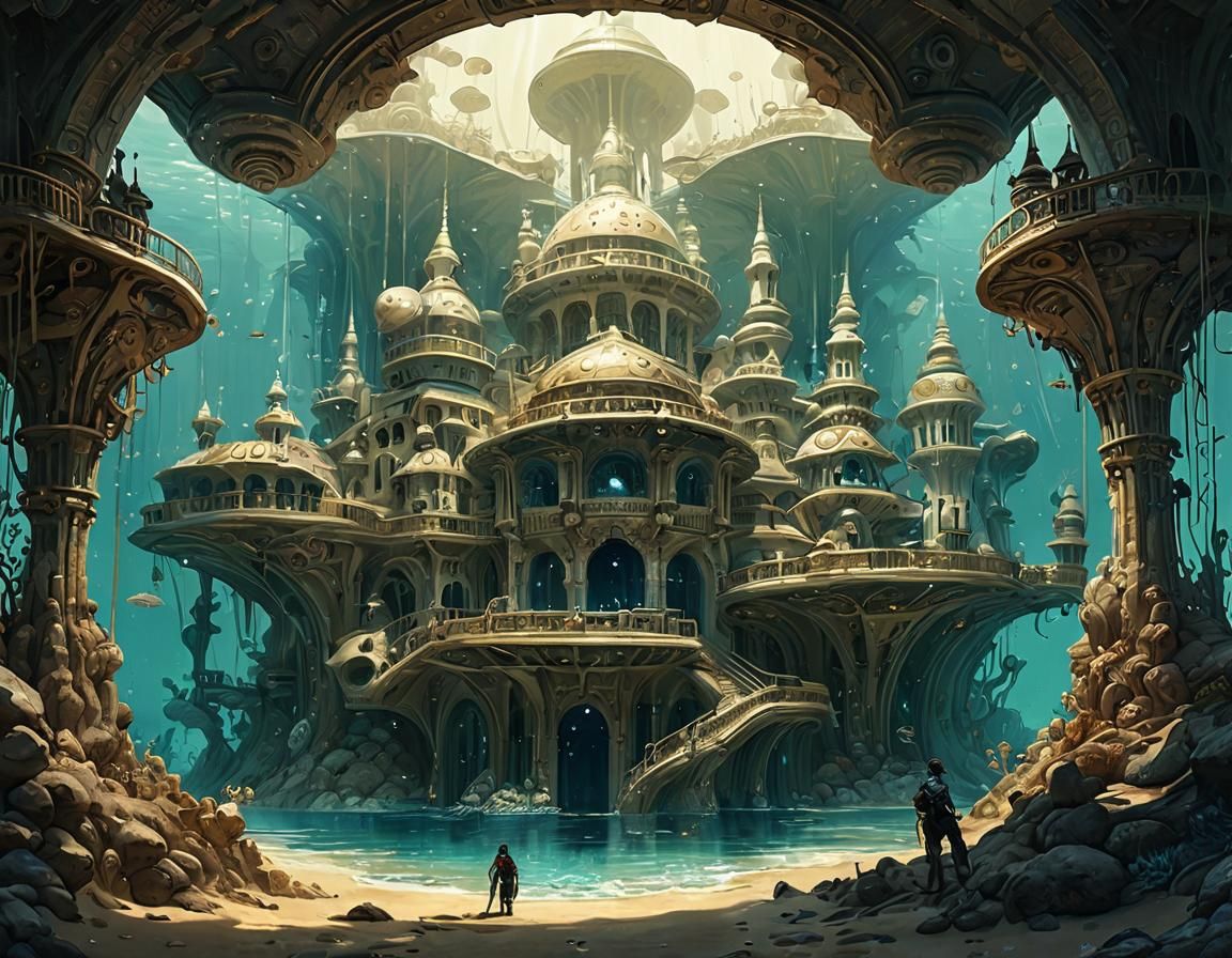 Underwater Sand Palace: Retrofuturistic Sci-Fi Concept Art