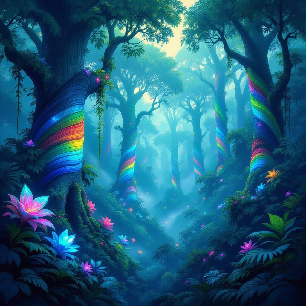 Bioluminescent Jungle with Rainbow Trees in Fantasy Style