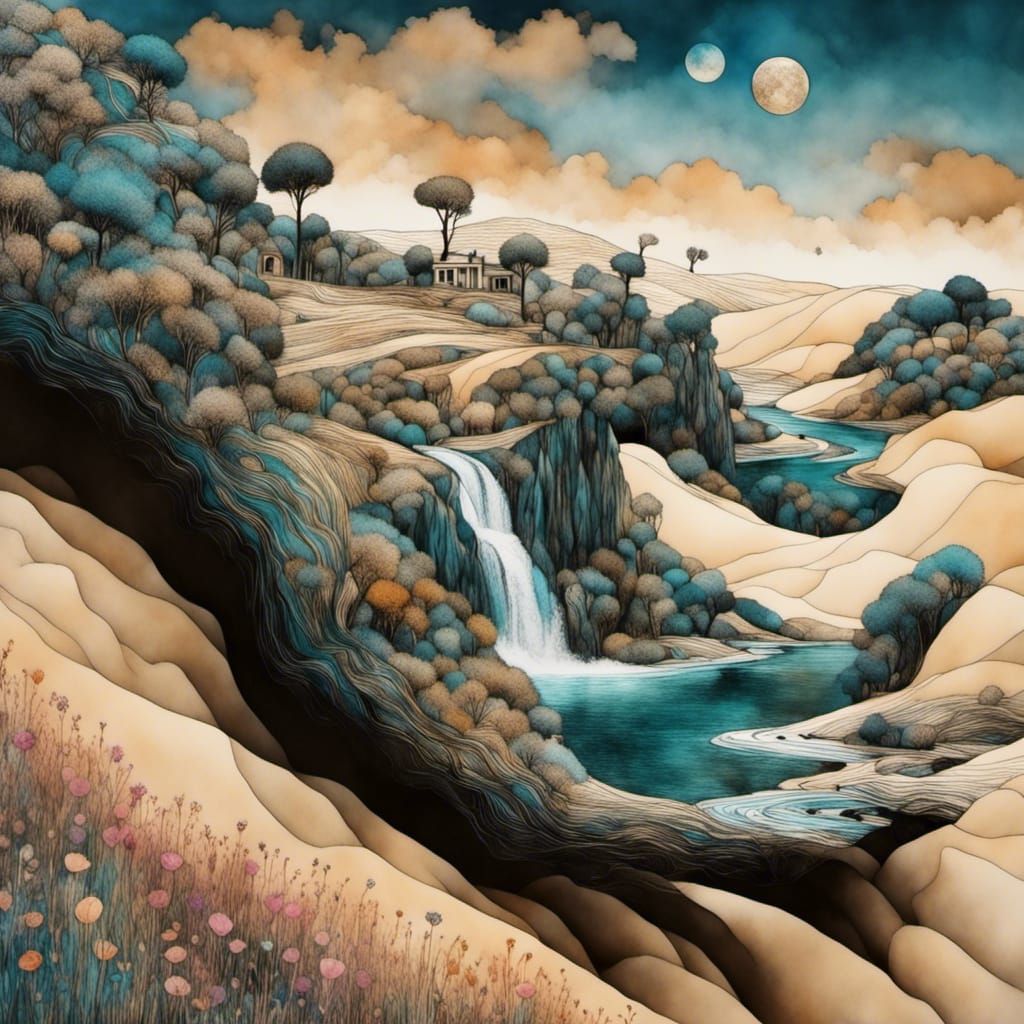 Liquid Ink Oasis: Flowing Desert Scene