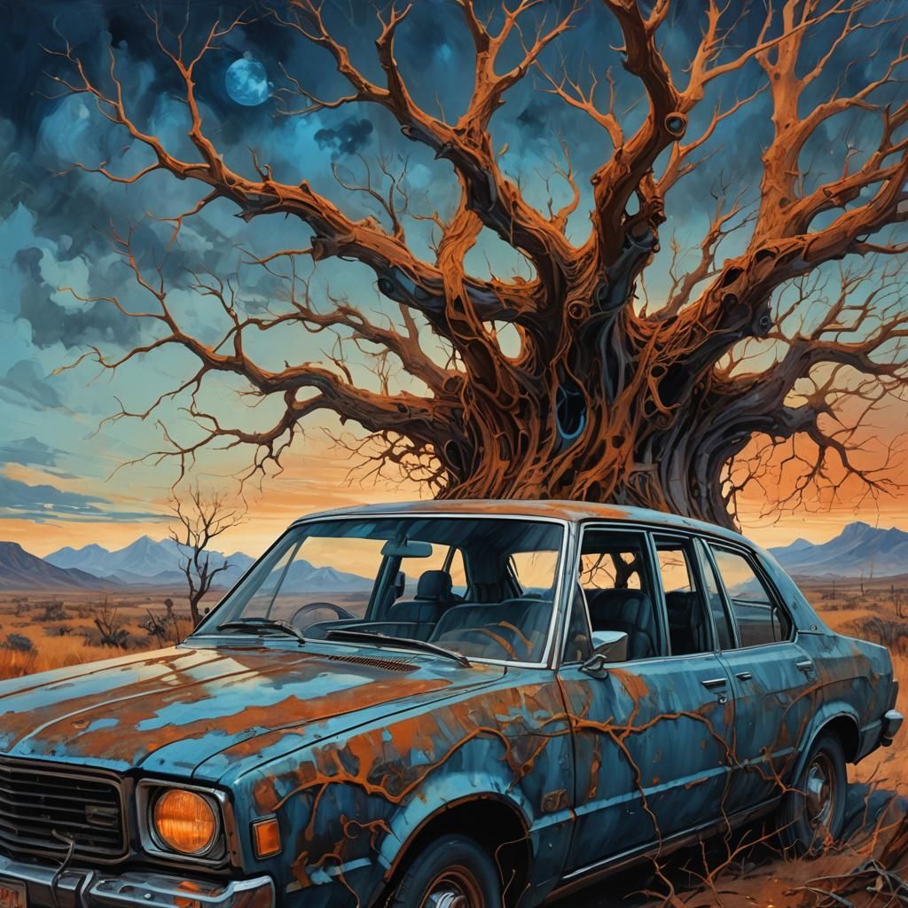 Lonely Driver in Surreal Landscape, Digital Painting