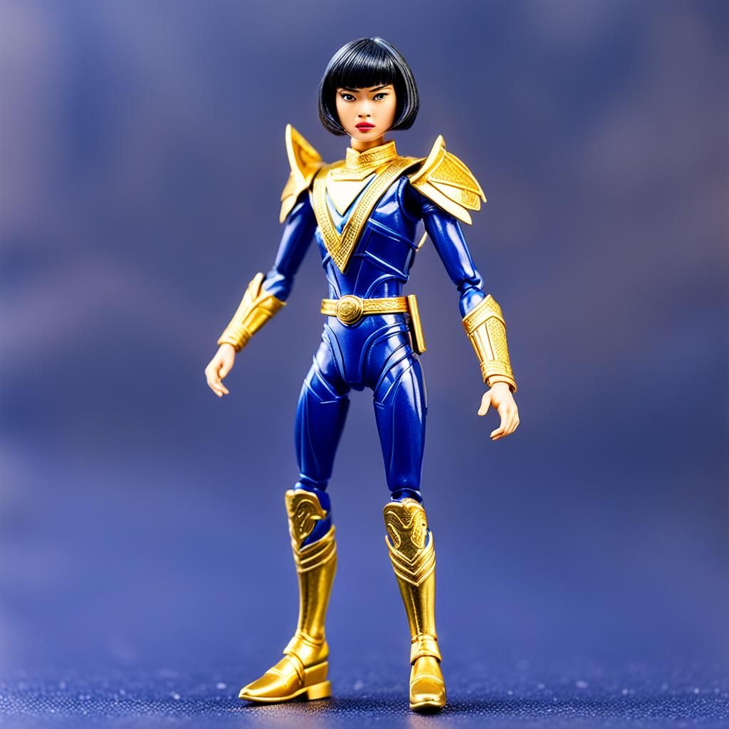 Vietnamese woman with a short bob with bangs as the indigo gold raven power ranger action figure