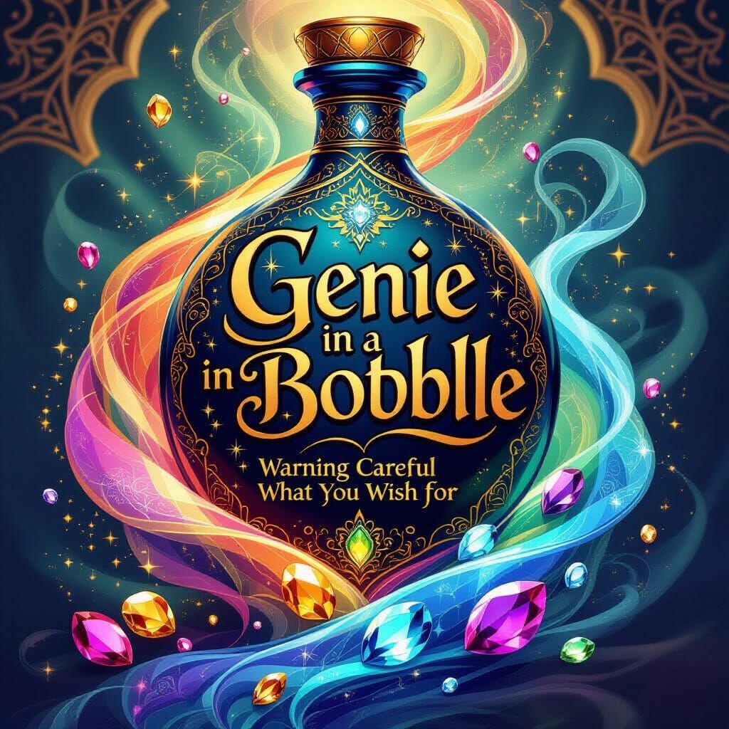 Magical Genie Bottle Label with Swirling Mist and Gemstones