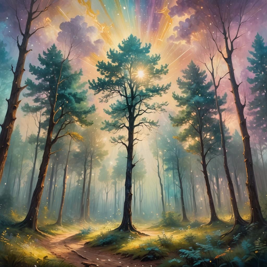 Cosmic Forest: Ethereal Oil Painting Landscape