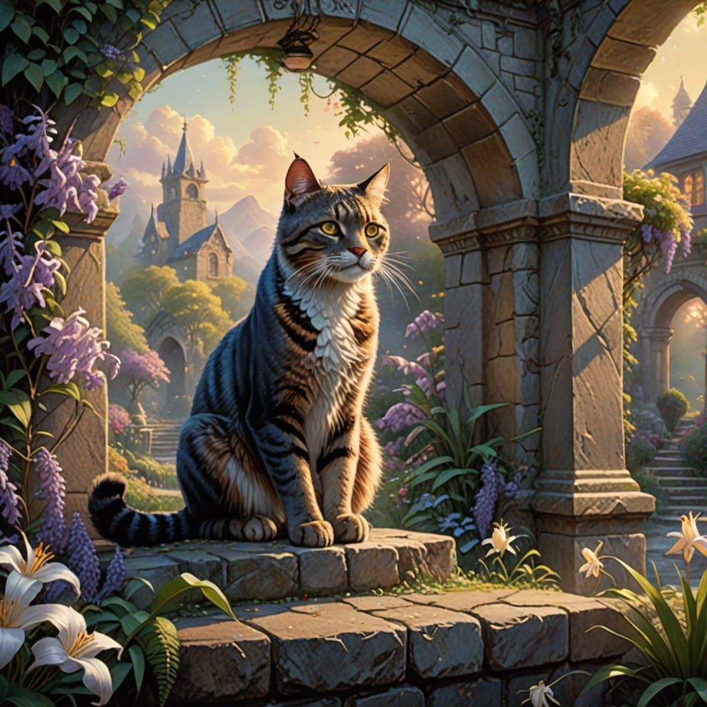Sorian Cat Guardian in Ancient Garden, Matte Painting