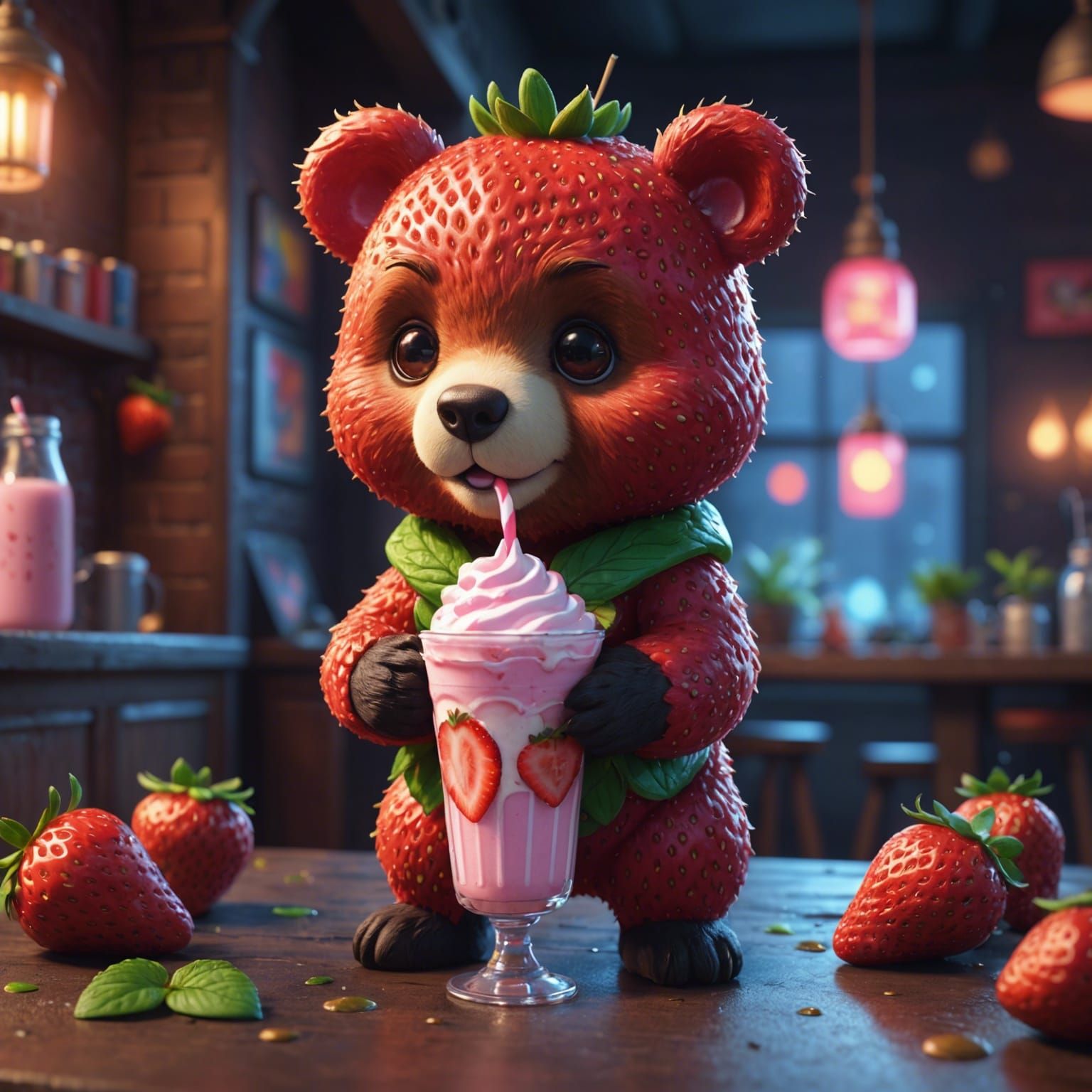 A chibi strawberry bear drinking a strawberry milkshake