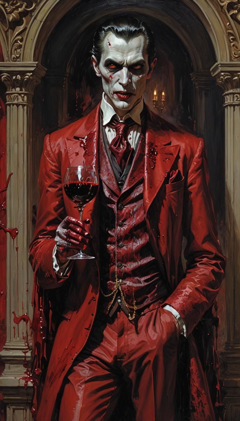 Elegant Vampire in Crimson Suit as Oil Painting