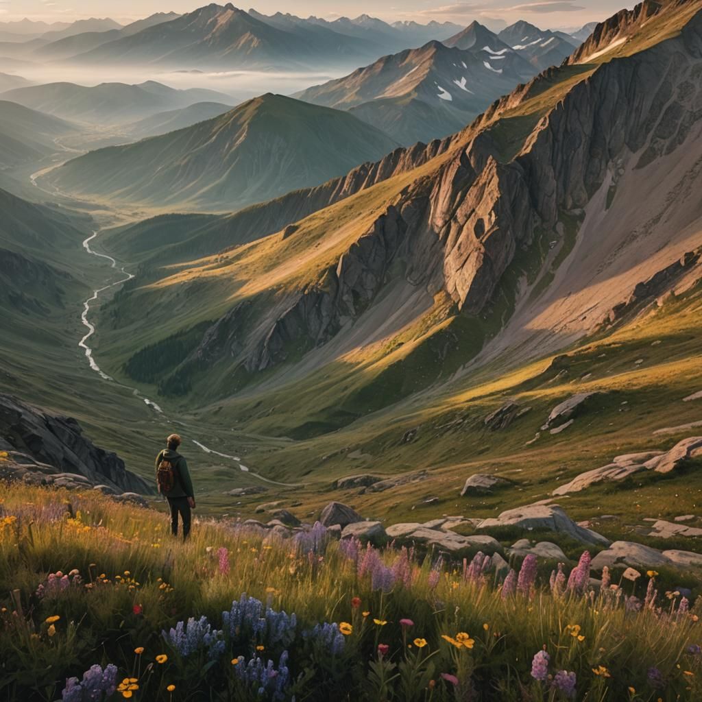 Lone Figure Overlooking Wildflower Landscape