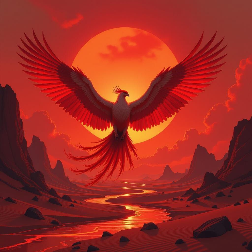 Mythical Fire Bird Soaring Over Molten Desert