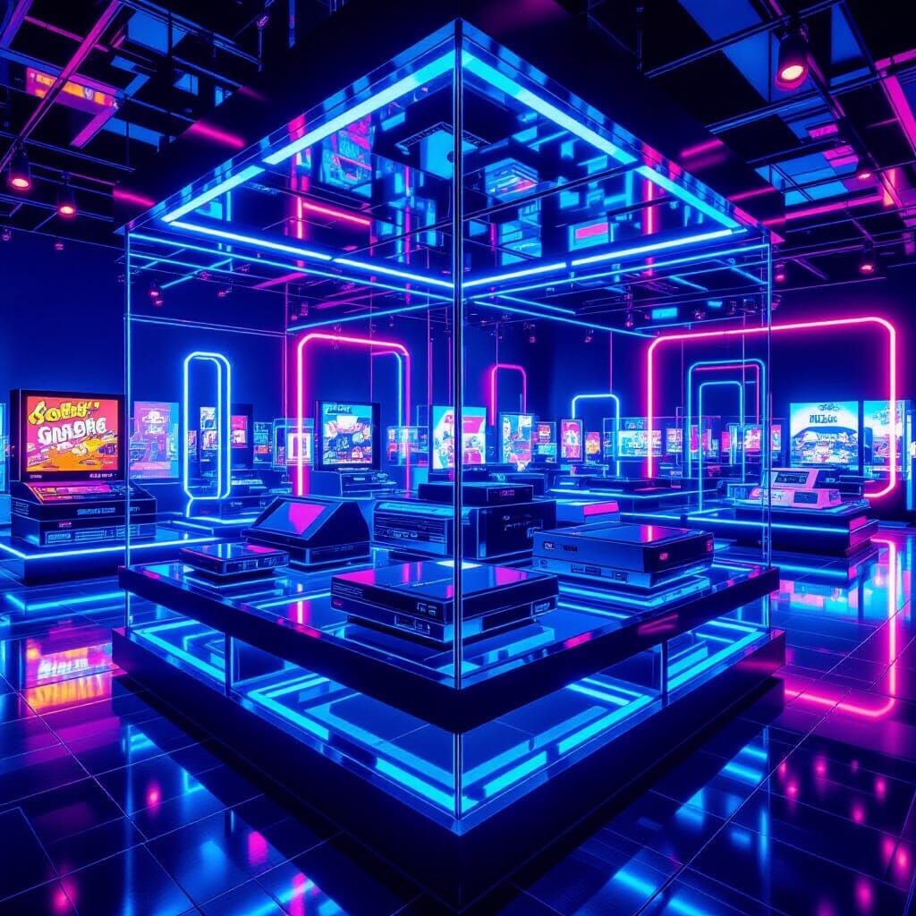 Retro Game Console Exhibit in Neon-Lit Museum Hall
