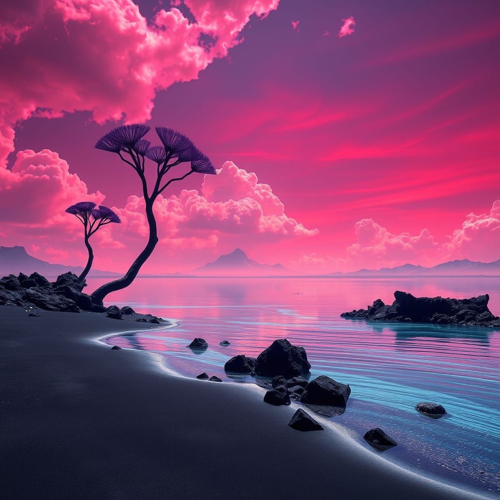 Surreal Alien Lakefront in Crimson Sky with Giant Flower Tre...