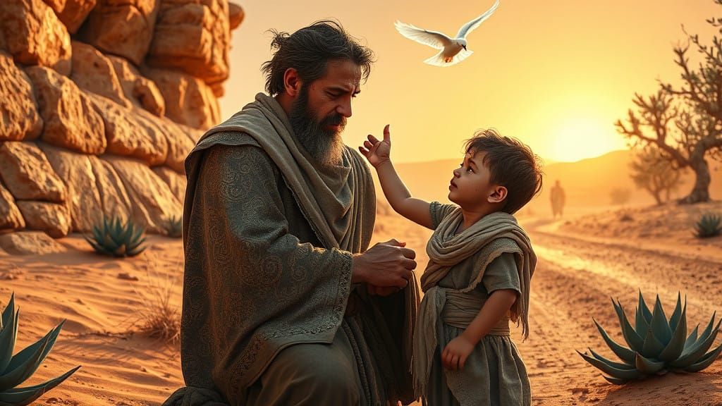 Valiant Warrior Comforts a Wounded Jewish Child in a Desert...