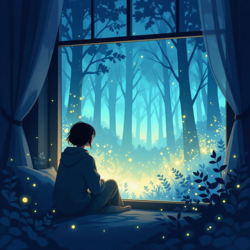 Character Gazes at Bioluminescent Forest Night Scene