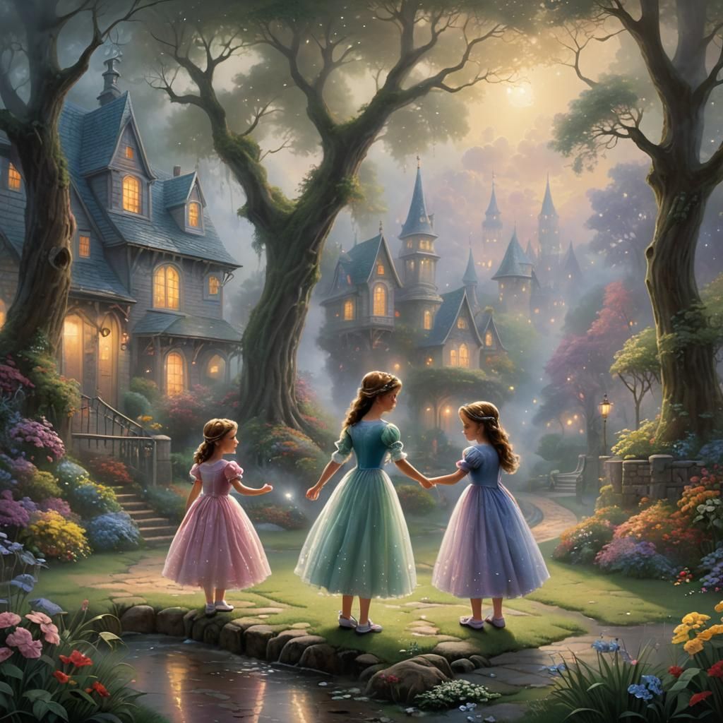 Fantasy Princess With Sister in Misty Landscape