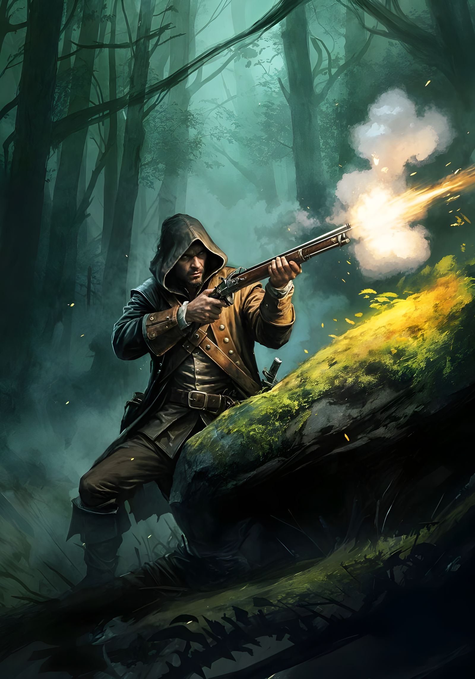 Rogue Highwayman Fires from Behind a Rock in a Forest