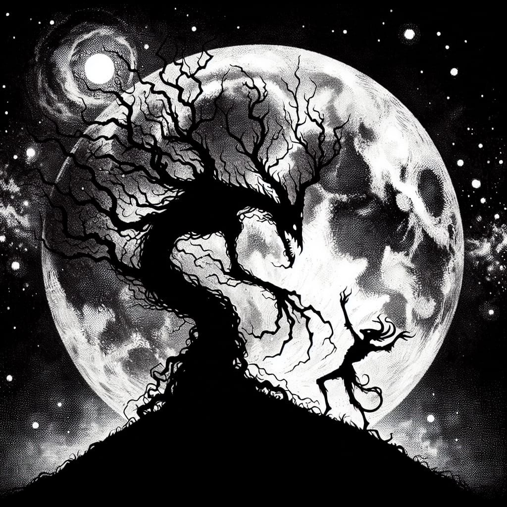 Gothic Tree Silhouette with Dancing Figure, Mystic Painting