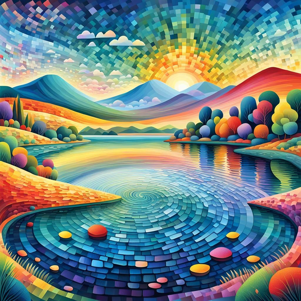 Impressionist Lake Scene in Pointillist Style