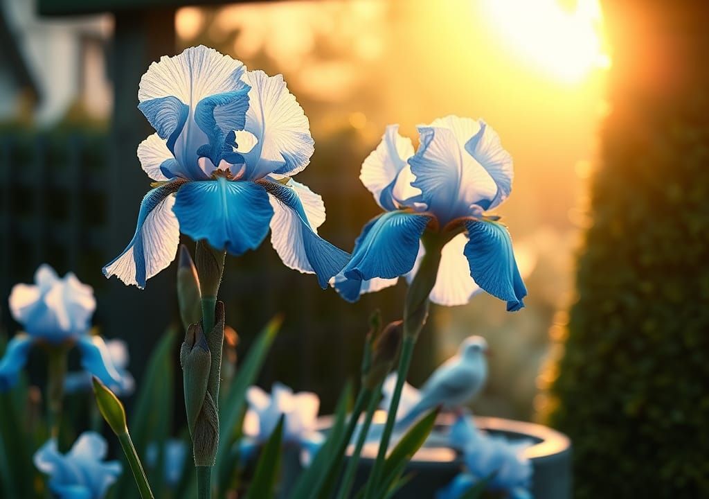 Exquisite Pale Blue Irises in Dewy Cottage Garden