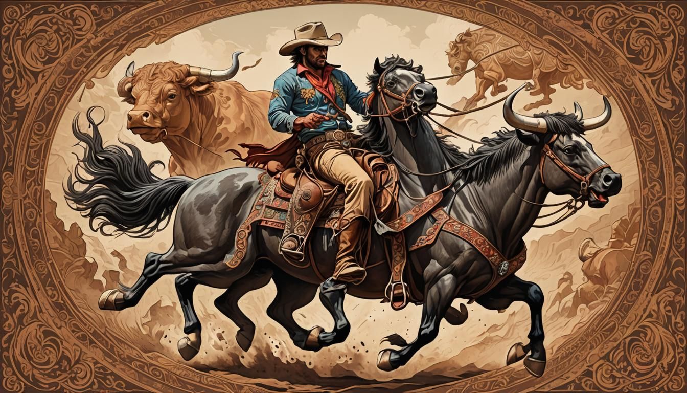 Shirtless Cowboy Lassoing Bull Illustration