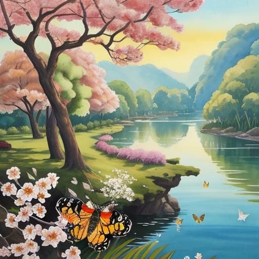 Watercolor Butterflies by a Pond in Ink Painting Style