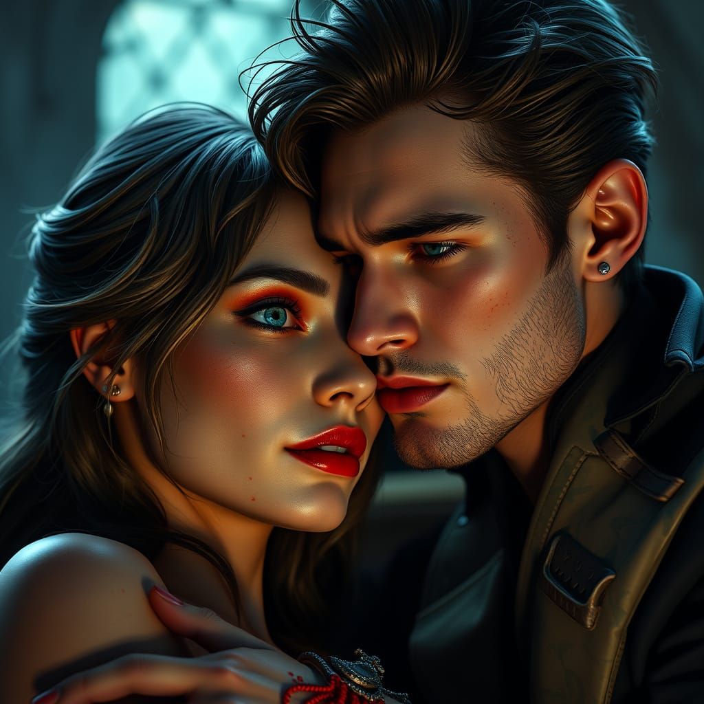 Medieval Vampire Bite Scene in Atmospheric Fantasy Art