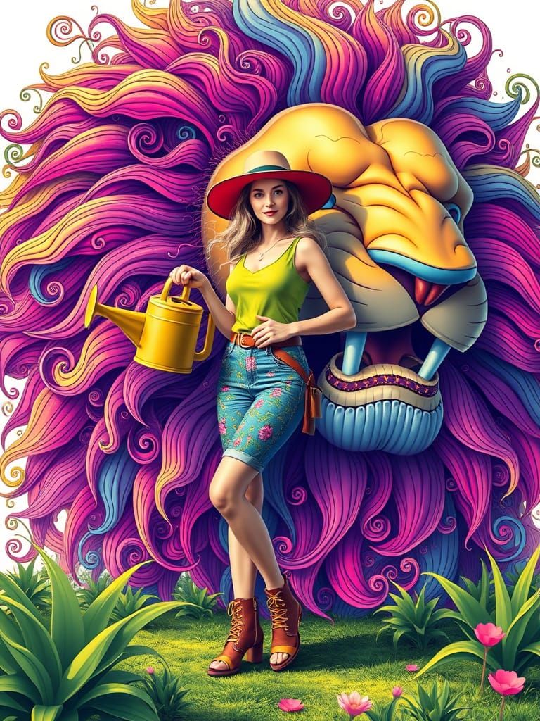 Gardener and Lion-Like Weed in Abstract Vector Style
