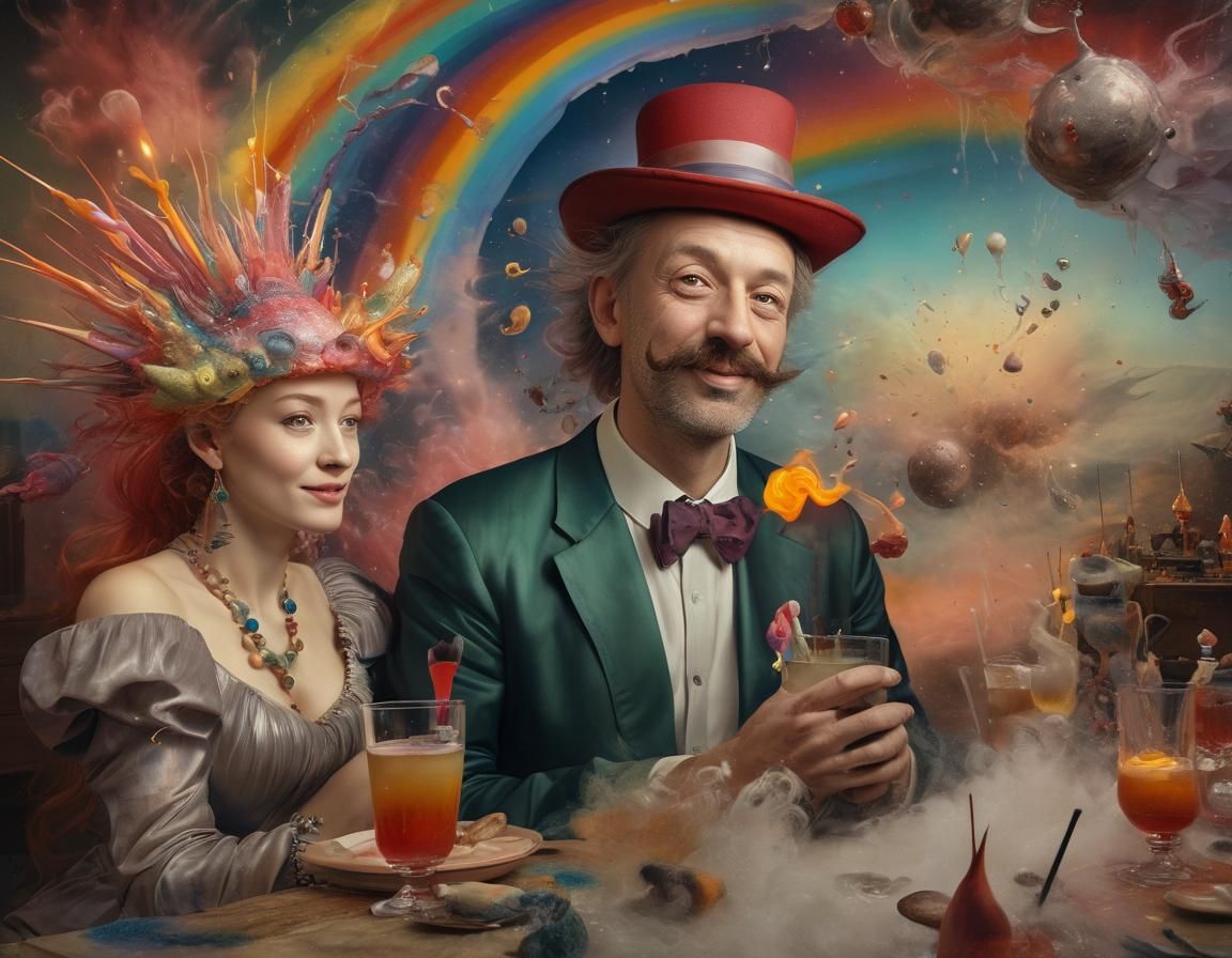 Exploding Rainbows: Cartoon Figures Enjoying Drinks in Space