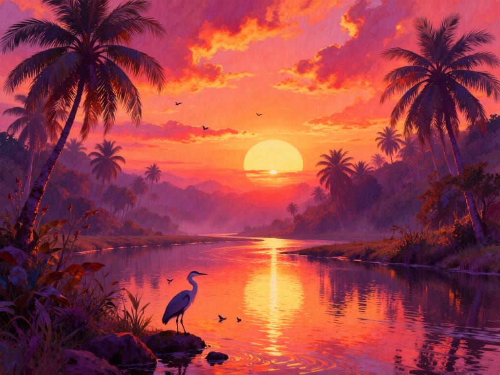 Serene Tropical River Sunset with Heron