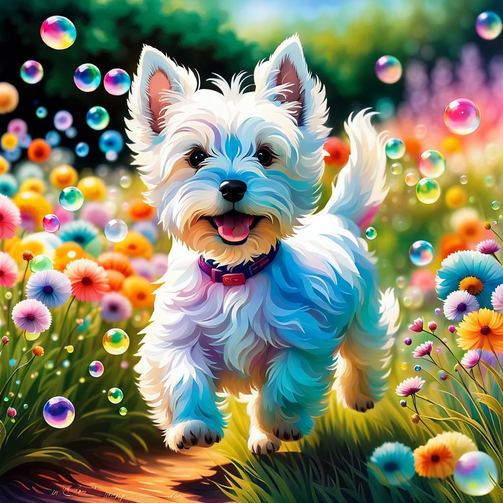 Playful Westie Puppy in Whimsical Floral Field