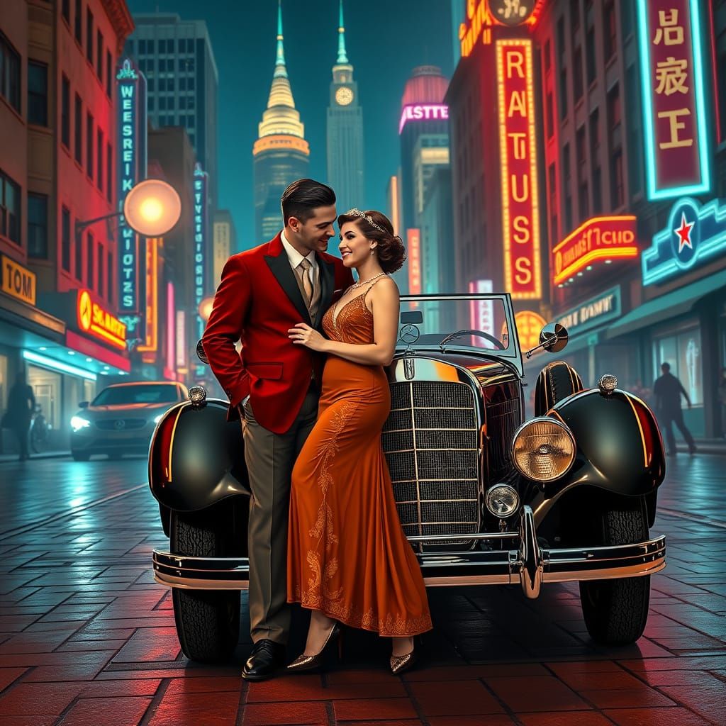 1920s Couple with Mercedes in Neon Cityscape
