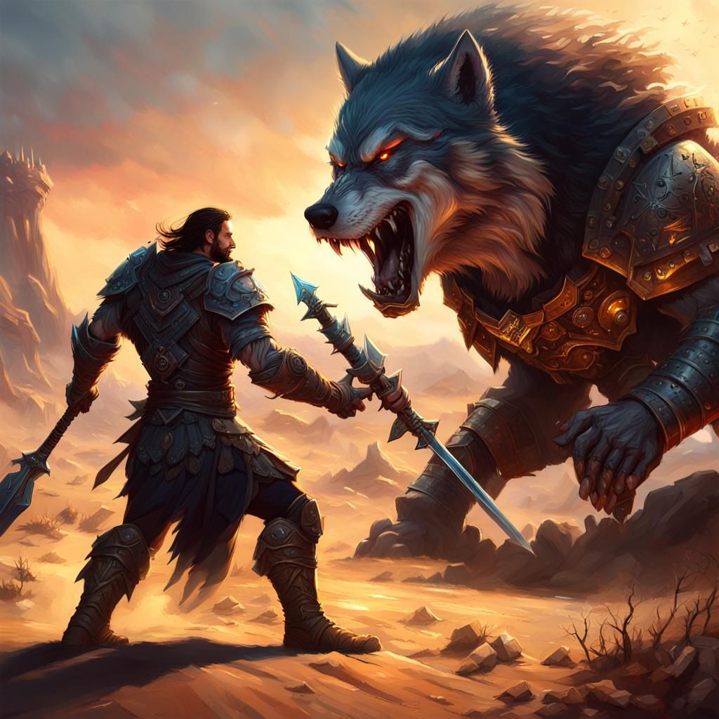 Desert Warrior Confronts Monster Wolves in Dark Fantasy