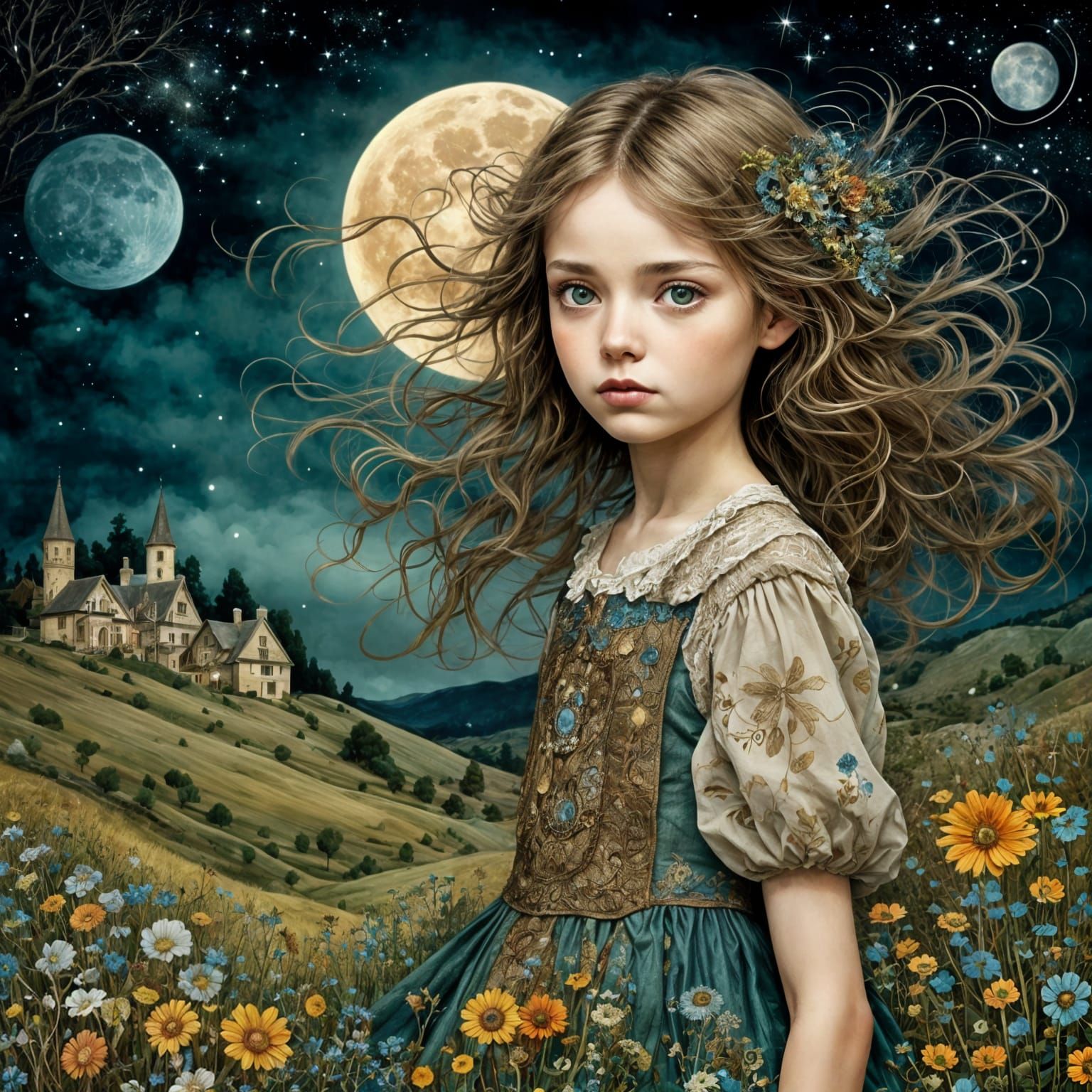 Girl with Sparkling Eyes Gazing at Moon