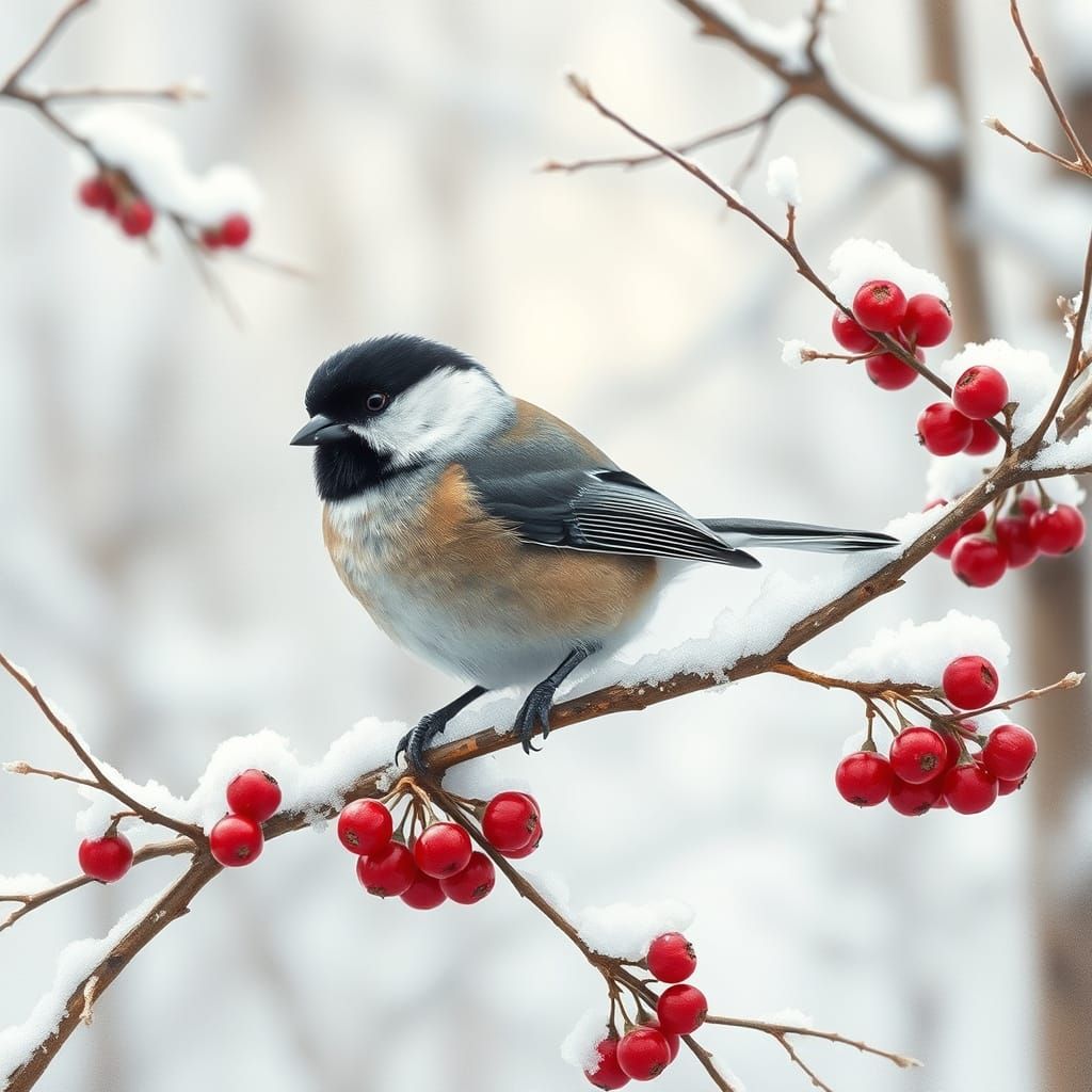 Winter Chickadee Perched on Snowy Winterberry Branch