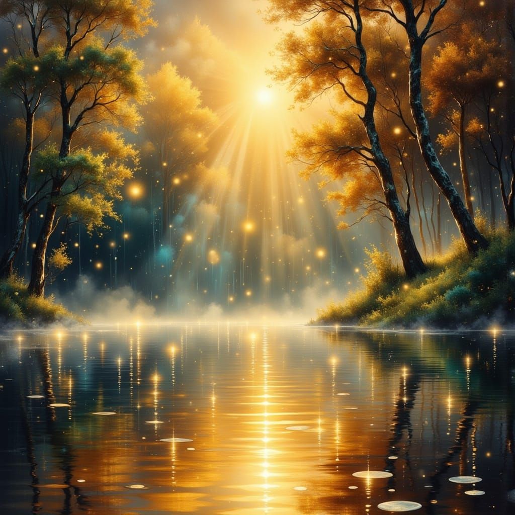 Whimsical Golden Raindrops in Ethereal Light