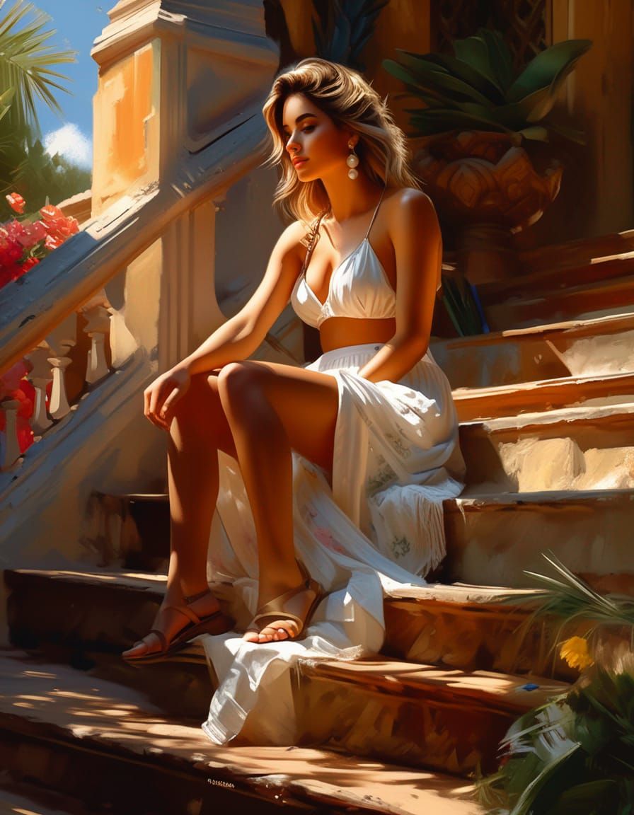 Woman on Staircase: Digital Painting in Romantic Style