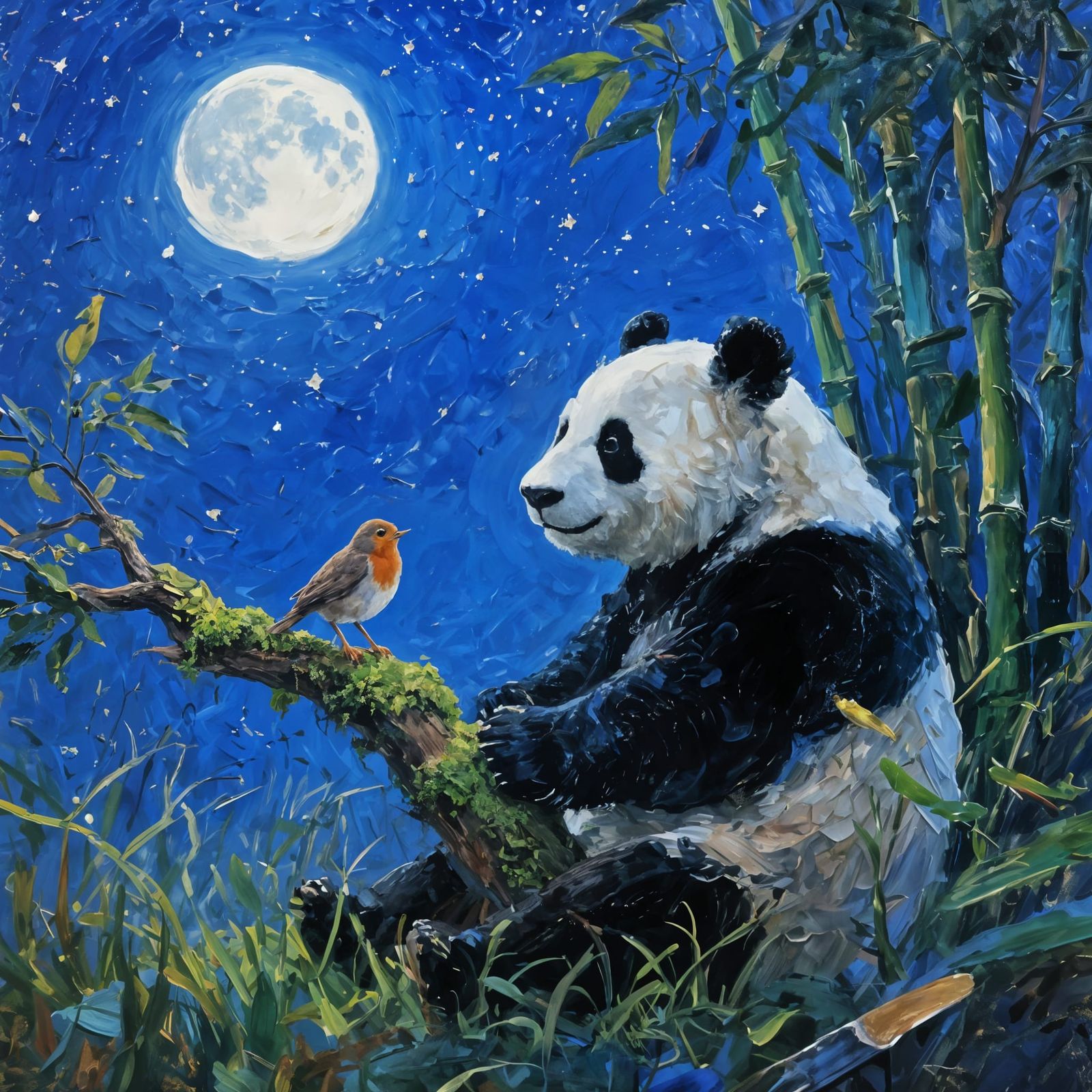 Panda and Robin Friendship in Moonlit Bamboo Forest