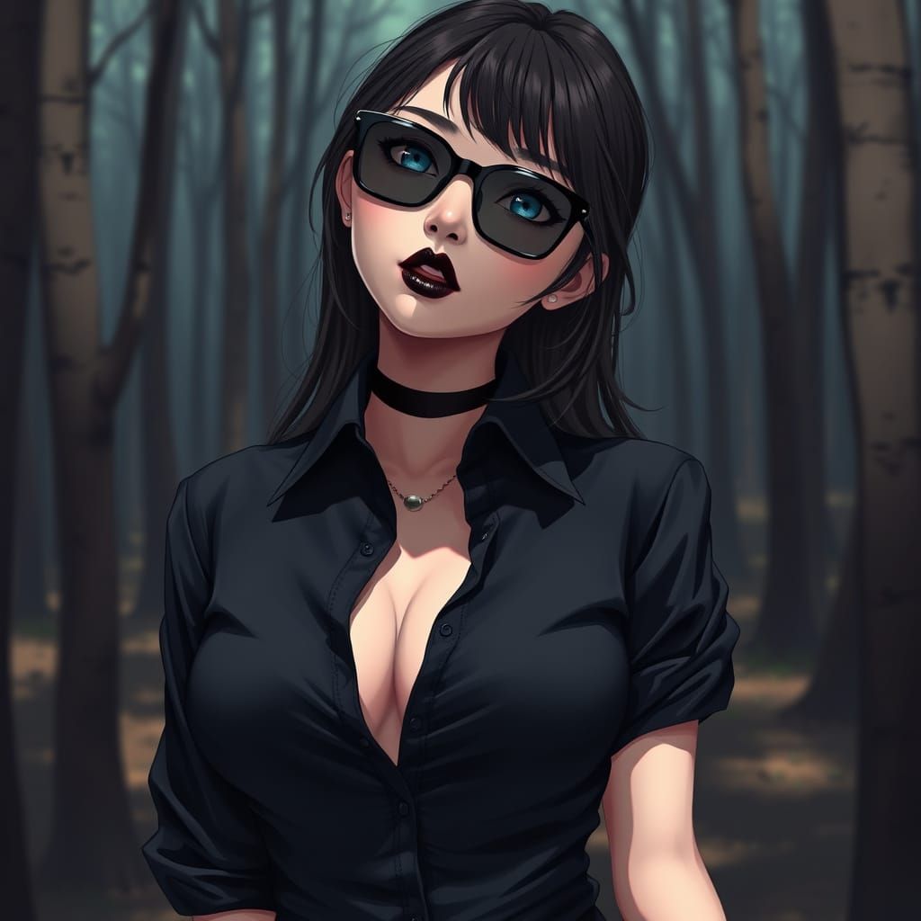 Asian Goth Woman in Dark Forest, Anime Style